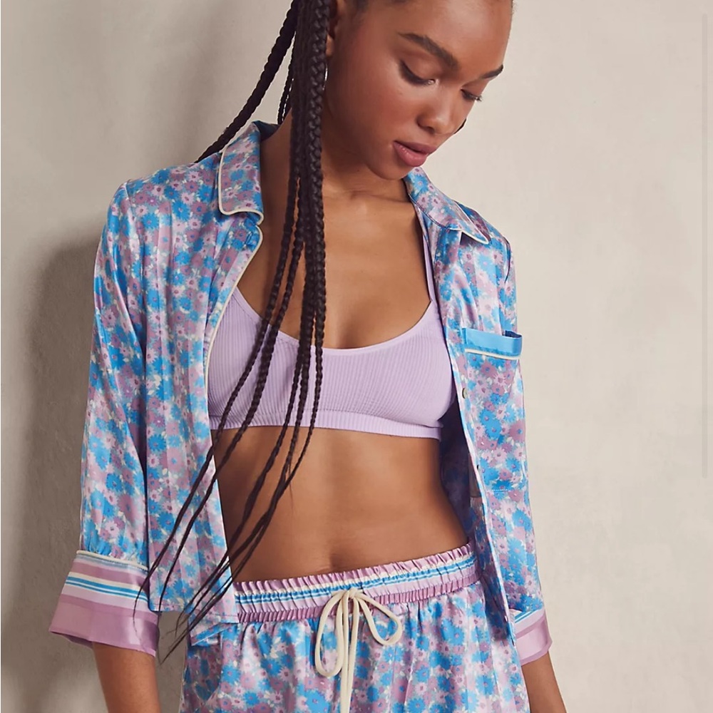 NWT Free People Floral Satin Pajama Set in Blue and Lavender